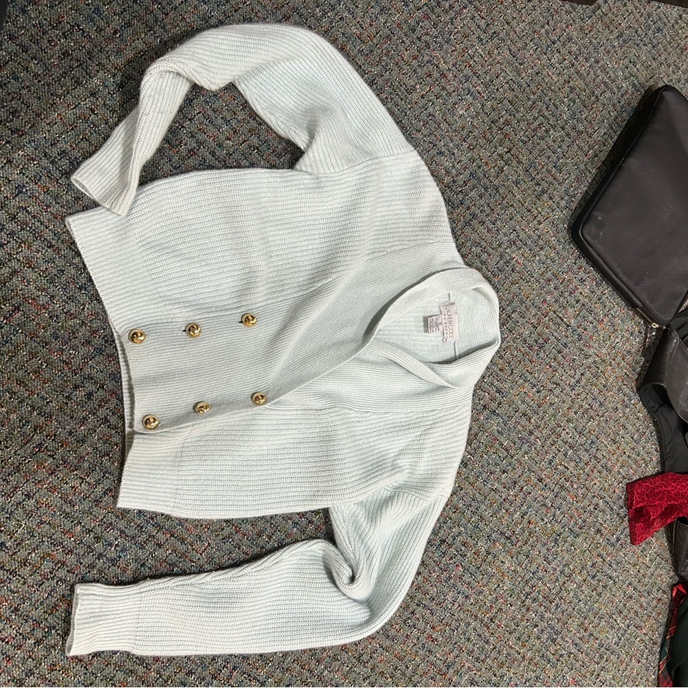 Stylish Light Gray Cardigan with Gold Buttons Lauren Cole vintage size small top